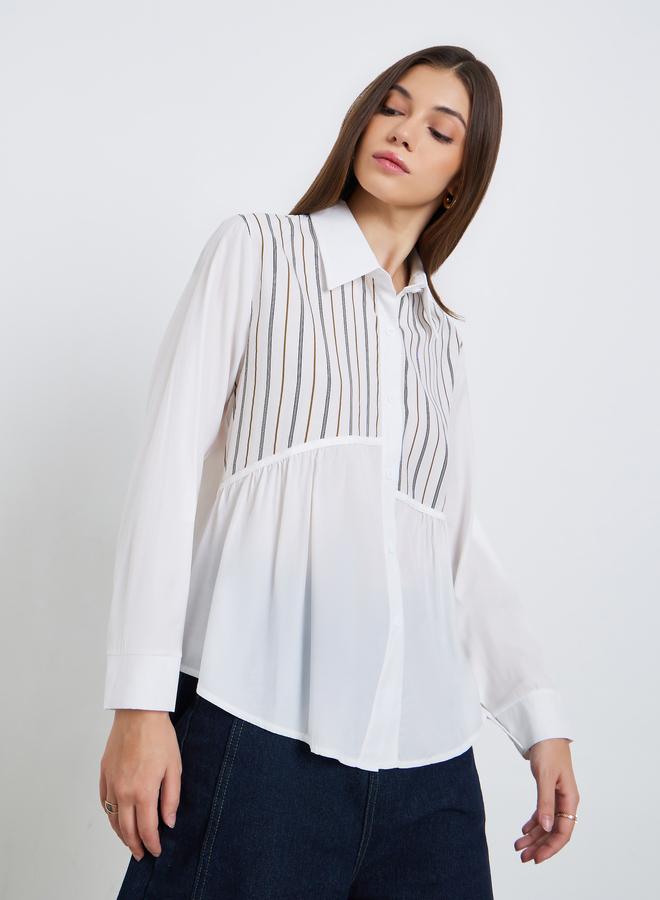 Styli Women White Striped Panel Long Sleeve Shirt - Image 3